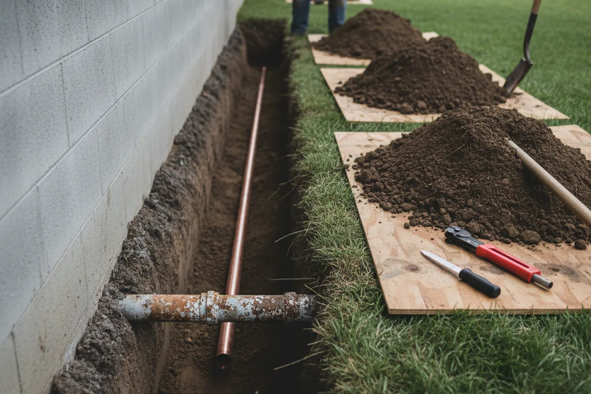 Excavated water line trench during Sewer Line Repair in Hadlyme
